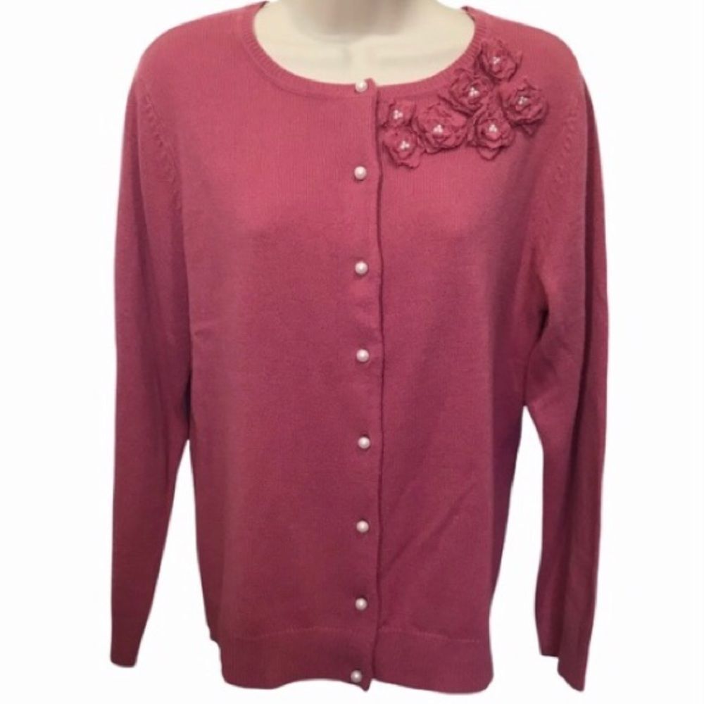 Notations Vintage Pearl Button Floral Rosette Appliqué Pink Cardigan Sz M
